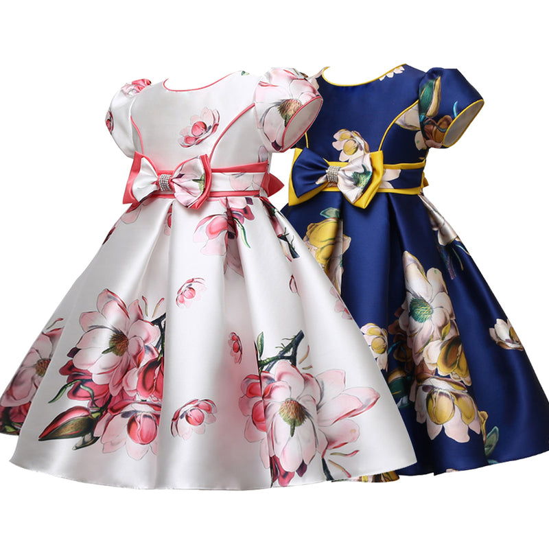Satin A-Line Cute Dress Girls Birthday Floral Print Dresses