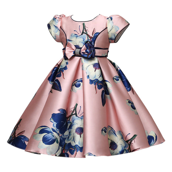 Satin A-Line Cute Dress Girls Birthday Floral Print Dresses