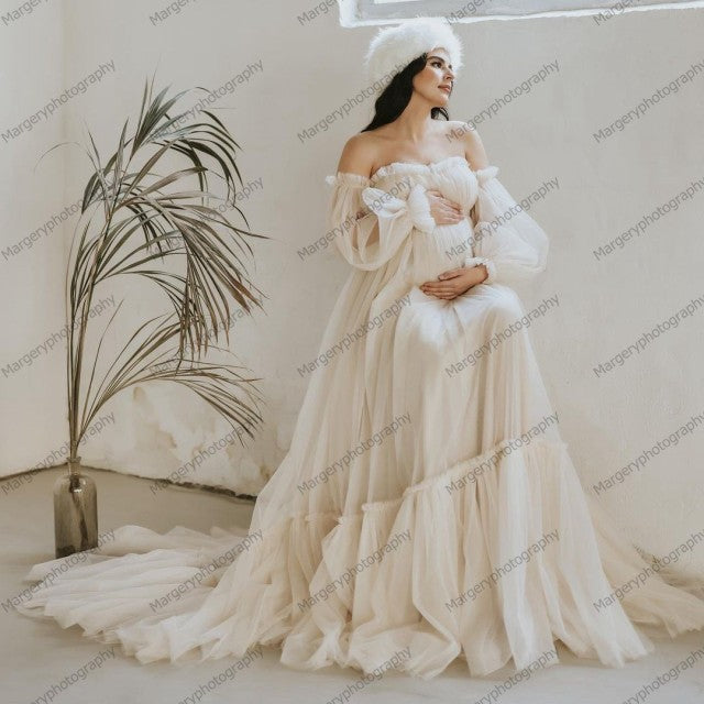 Pretty Off Shoulder Tulle Ruffles A-line Maternity Dresses Illusion Puffy Sleeves Long Robes