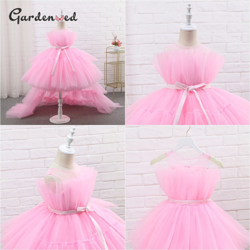 Rose Tulle Princess Puffy Flower Girl Dresses  Party High-Low Kid Birthday Dress