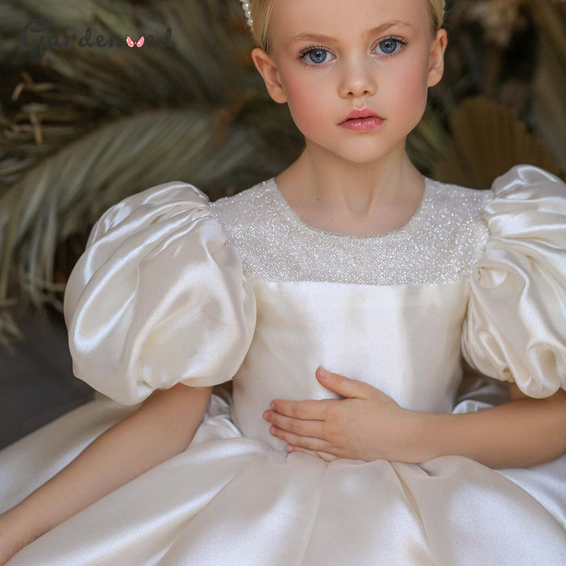 Puffy Tulle Layers Flower Girl Dress Ivory Organza Girl Wedding Party Dress