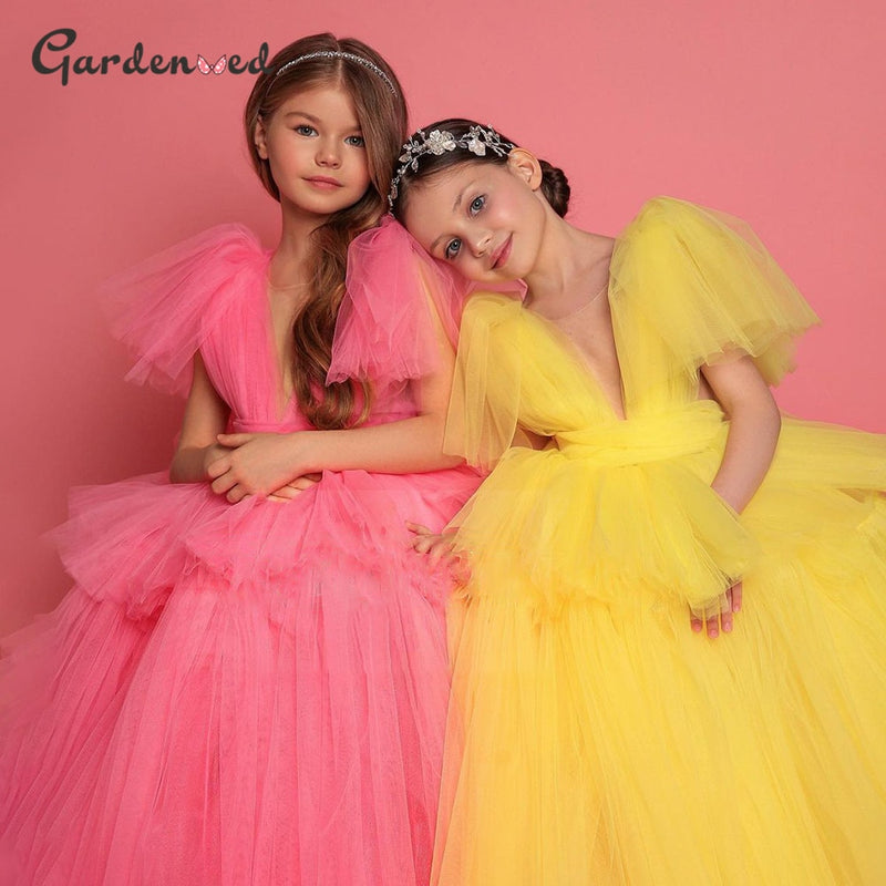 Flower Girl Dresses Tulle Layers First Communion Dresses Puff sleeves