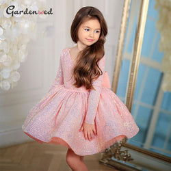 Pink Sequin Baby Girl Dress Lace Tulle Flower Girl Dresses Bow Long Sleeves