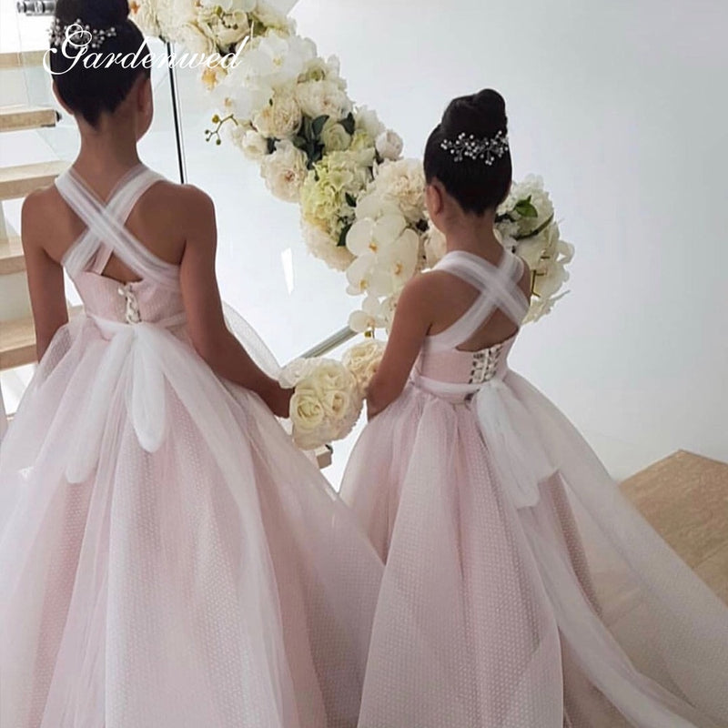 Glitter Pink Flower Girl Dresses Criss-cross Ribbons Wedding Party Dress Bow