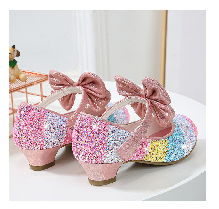 Girls Leather High Heel Princess Crystal Shoes