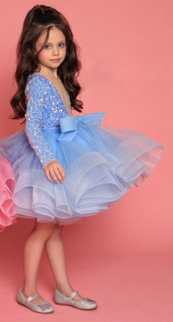 Glitter Illusion V Neck Girl Party Dresses Layers Puffy