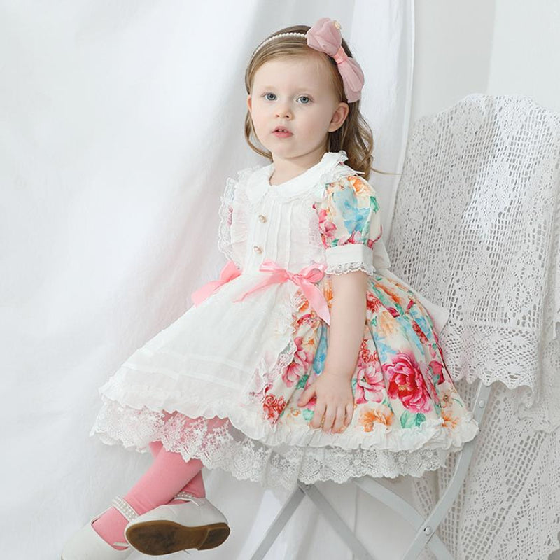 Baby Vintage Turkey Lace Stitching Print Bow Princess Girl Lolita Dress