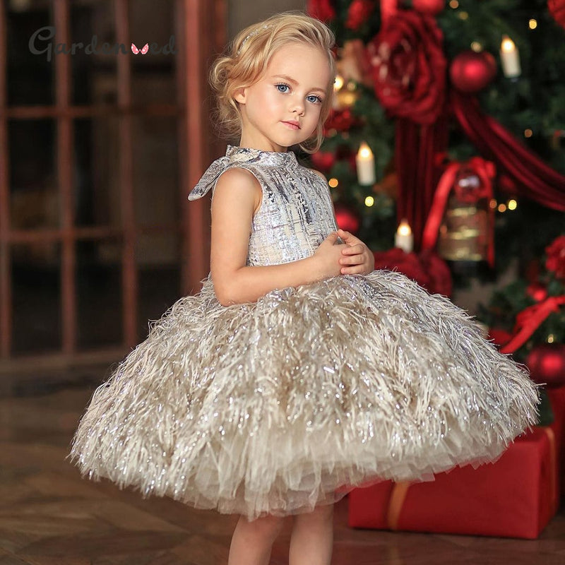 Puffy Princess Dress Tulle Girl Birthday Dress Feather Flower Girl Dress