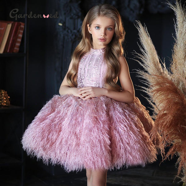 Puffy Princess Dress Tulle Girl Birthday Dress Feather Flower Girl Dress