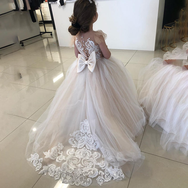 Lace Ivory Flower Girl Dresses  Baby Girls Party Dress Cap Sleeves Puffy Princess Dress