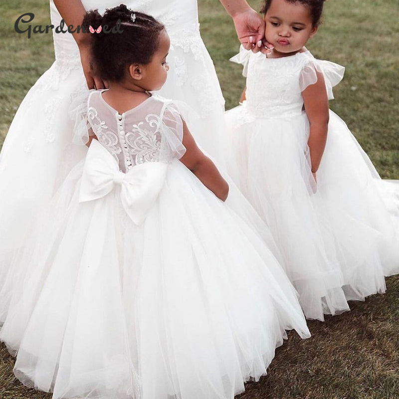Lace Ivory Flower Girl Dresses  Baby Girls Party Dress Cap Sleeves Puffy Princess Dress