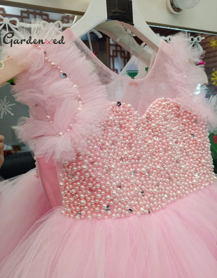 Pink Princess Dress Pearl Beaded Puffy First Communion Dress Flower Girl Dresses