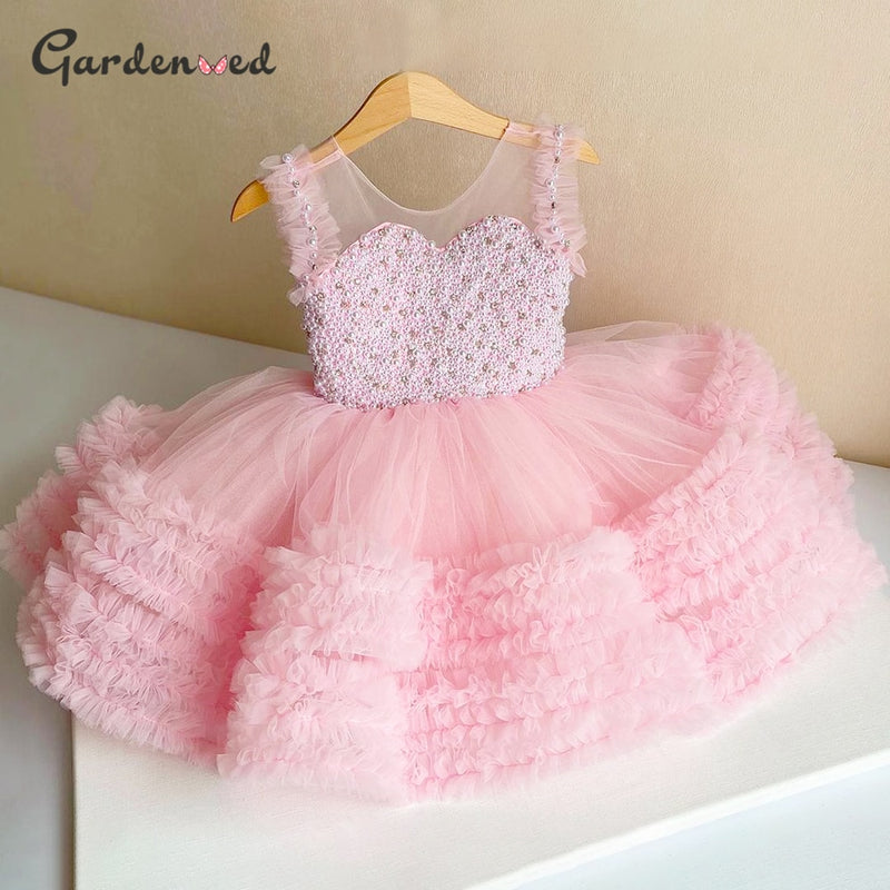 Pink Princess Dress Pearl Beaded Puffy First Communion Dress Flower Girl Dresses