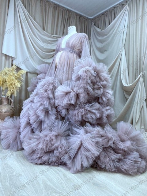 Puffy Ruffled Maternity Tulle Robes Any Color Custom Made Long Sleeves  Pregnancy Photo Shoot Dresses