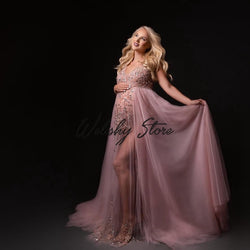 Chic Bling Beads Sequins Draped Tulle Maternity Gowns Baby Shower Wear