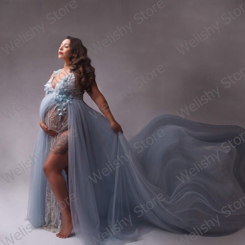 Designer 3D Floral Sequins Appliques Maternity Dress For Photography