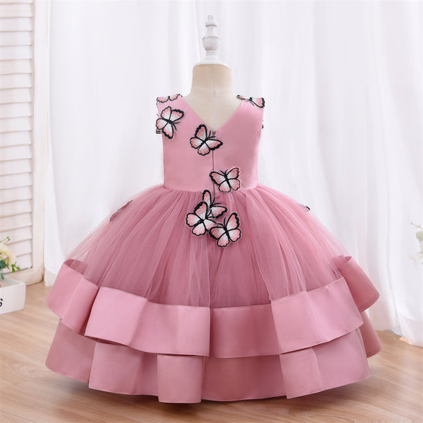 3D Embroidery Butterfly Kids Party Dress Formal Girls Dresses Birthday Gown