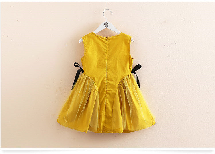 Elegant Sold Color Cotton Bow Lace Patchwork Kids Sundress Tank Girls Dress